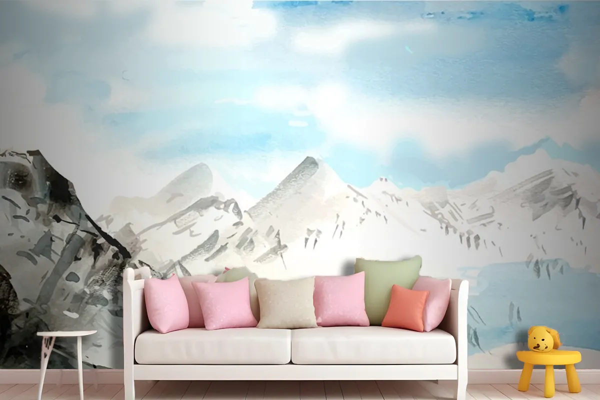 Watercolor Daytime Mountains Background Wallpaper Mural