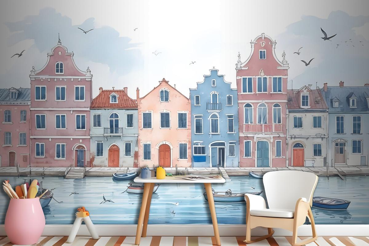 Watercolor Dutch Houses Wallpaper Mural For Kids