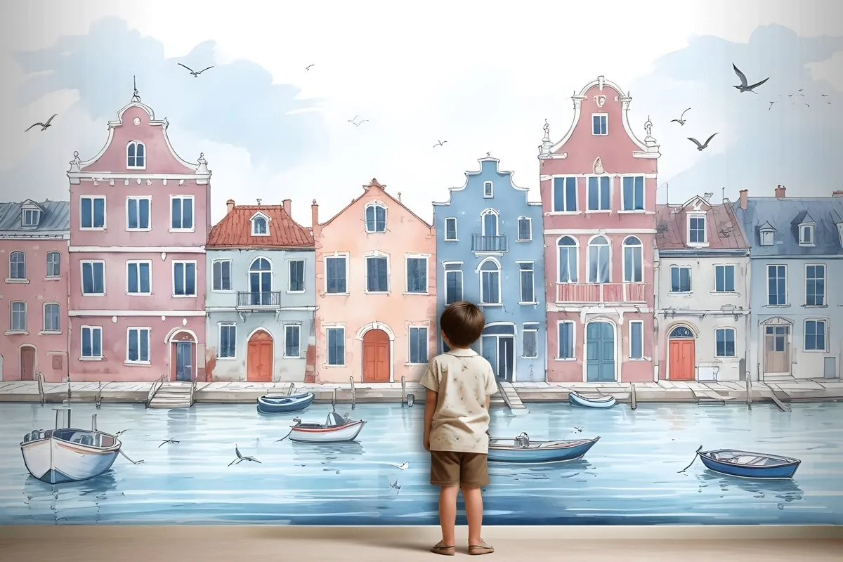 Watercolor Dutch Houses Wallpaper Mural For Kids