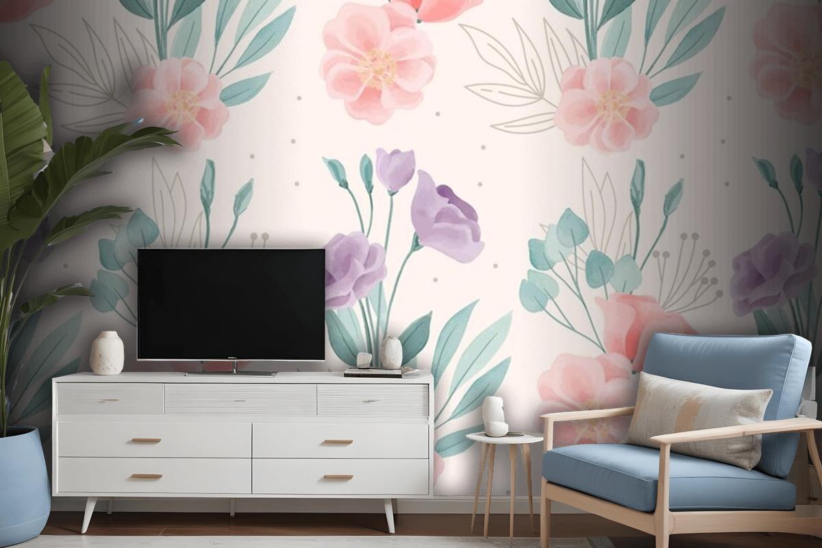 Watercolor Floral Motif Pattern Wallpaper Mural