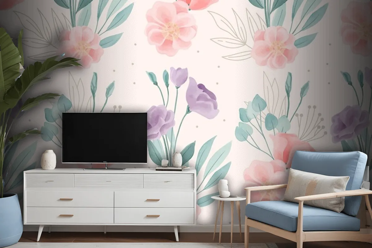 Watercolor Floral Motif Pattern Wallpaper Mural