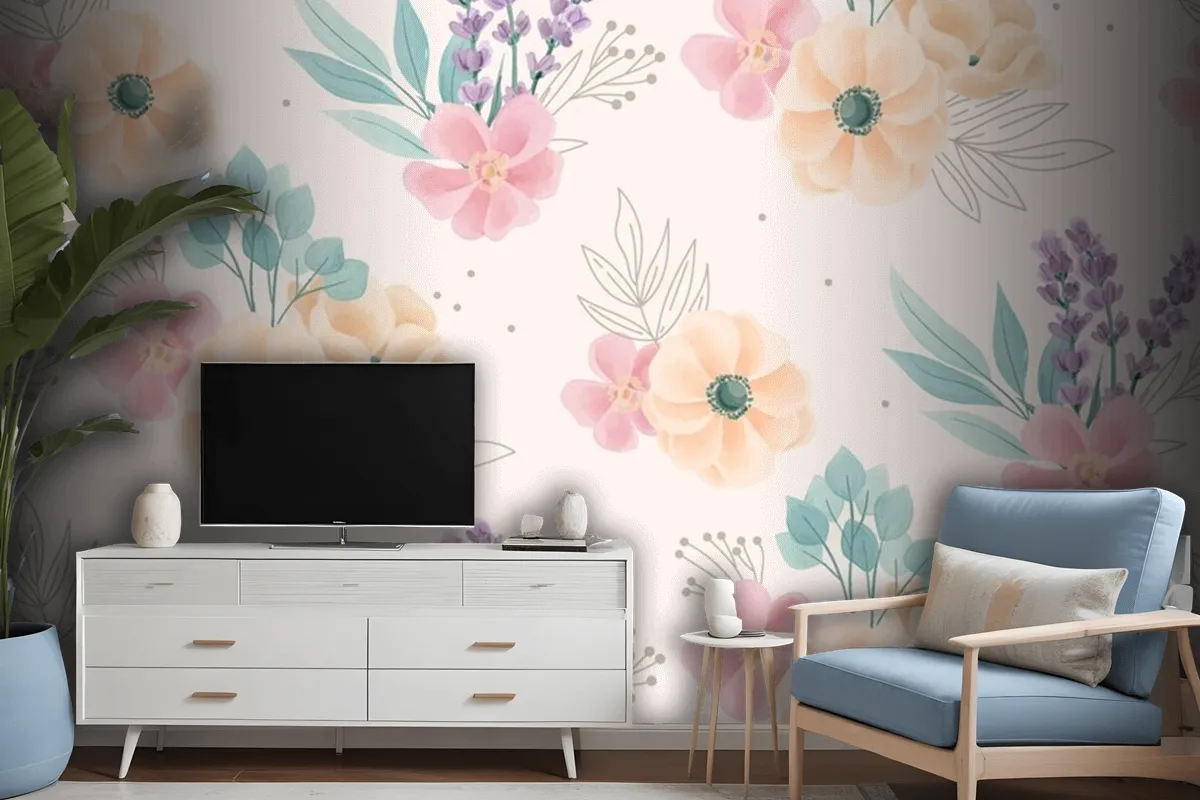 Watercolor Floral Ornaments Pattern Wallpaper Mural