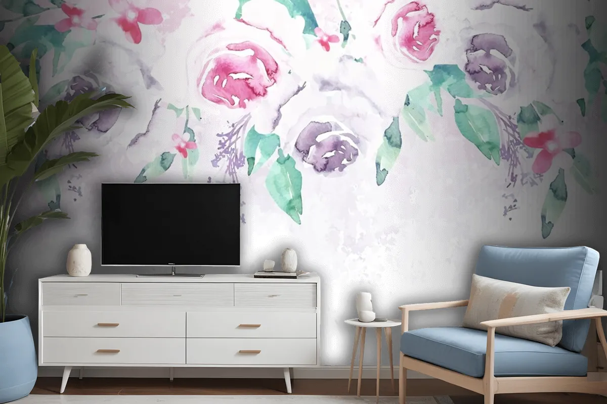 Watercolor Flowers Wallpaper In Pastel Colors Wallpaper Mural