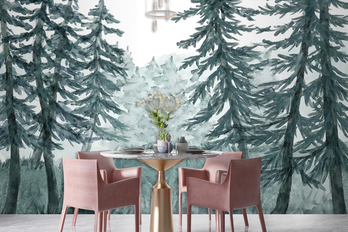 Watercolor Forest Landscape Dining Room Wallpaper Mural