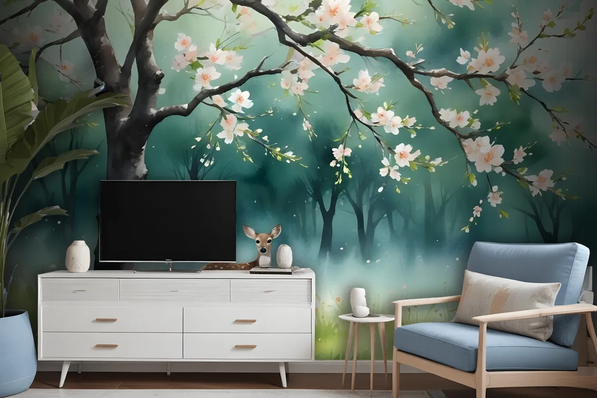 Watercolor Forest With Peach Blossom Wallpaper Mural