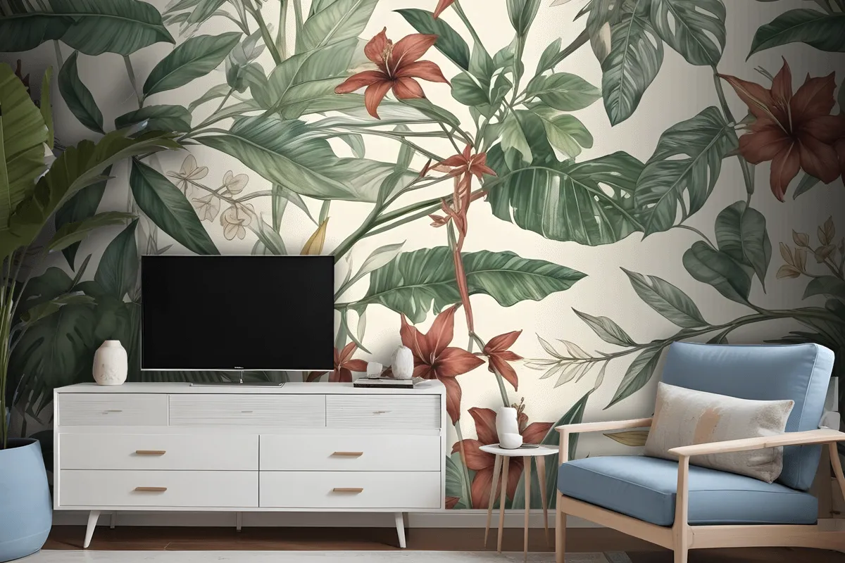 Watercolor Green Tropical Leaves Wallpaper Mural