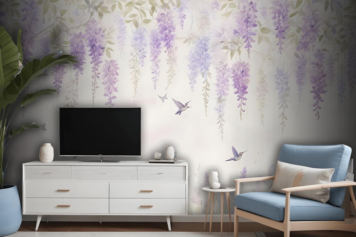 Watercolor Hanging Wisteria Flowers With Hummingbirds Wallpaper Mural