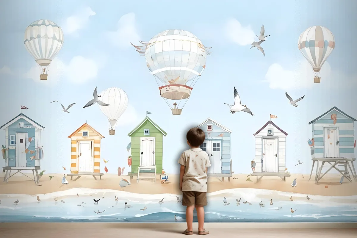 Watercolor Kids Beach House With Hot Air Balloons