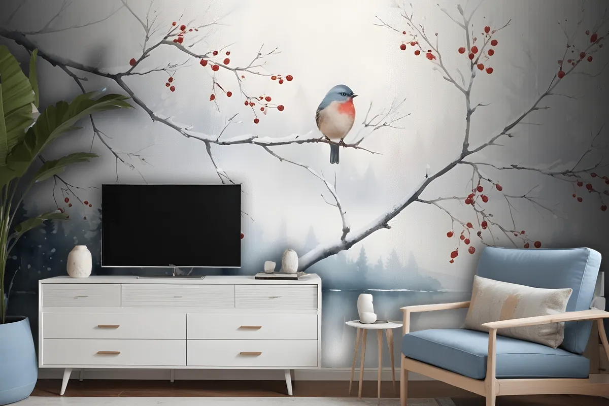 Watercolor Lake Landscape With Birds Wallpaper Mural