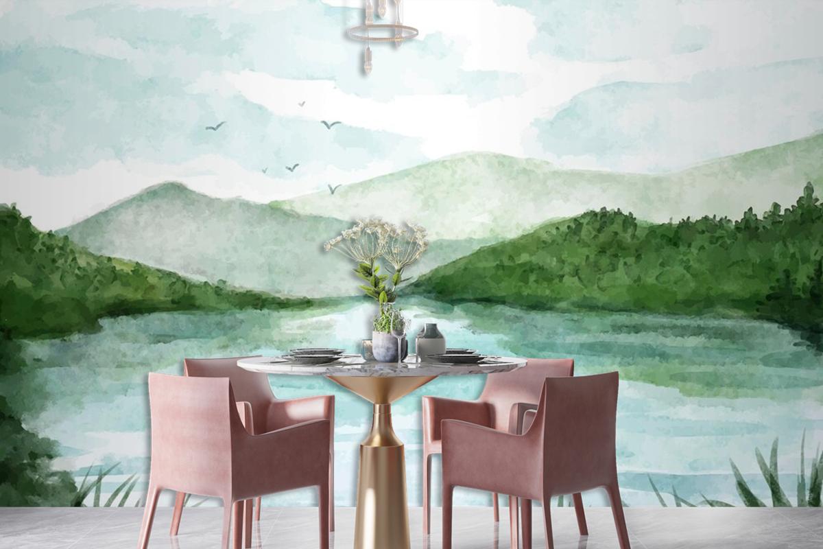 Watercolor Lake Scenery Wallpaper Mural