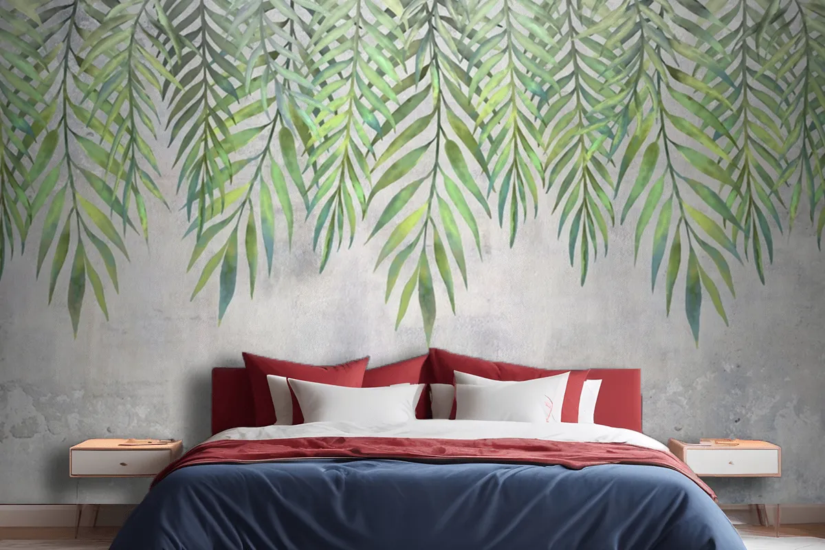 Watercolor Leaves Hanging From Above Wallpaper Mural