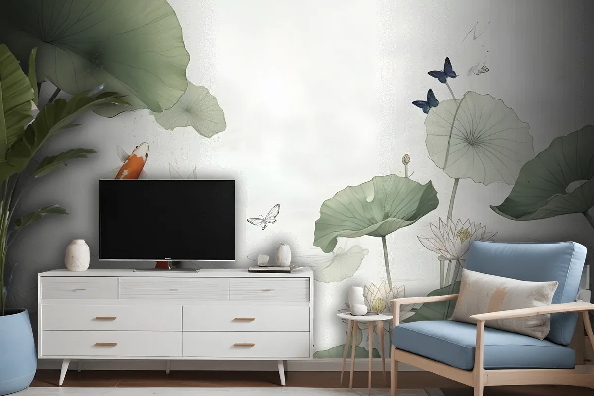 Watercolor Lotus Flower And Butterflies Wallpaper Mural