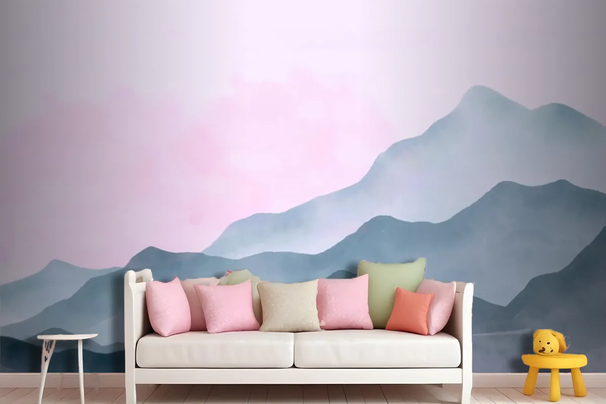 Watercolor Mountains Background With Pink Sky Wallpaper Mural