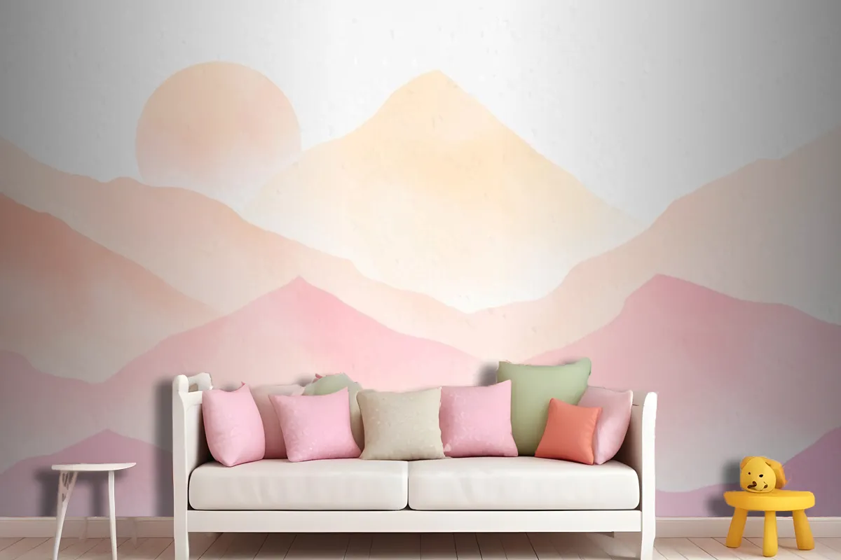 Watercolor Mountains Pink Background Wallpaper Mural