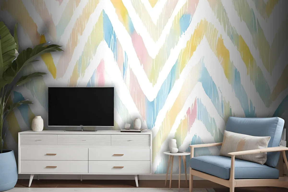 Watercolor Multicolor Chevron Ikat Design Art Wallpaper Mural