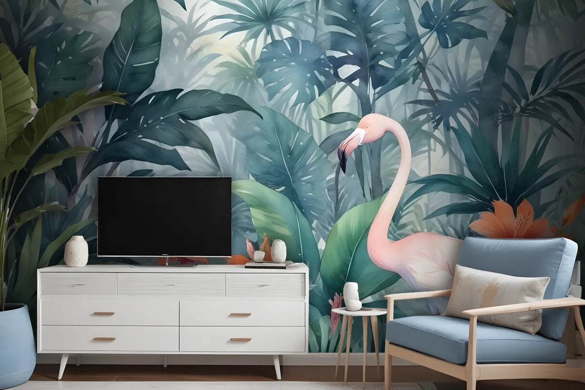 Watercolor Painting Forest And Storks Wallpaper Mural