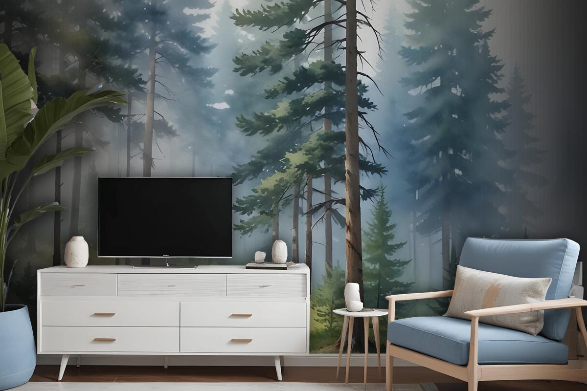 Watercolor Painting Misty Forestscape Wallpaper Mural