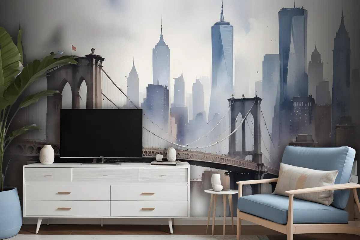 Watercolor Painting New York City Landscape Wallpaper Mural