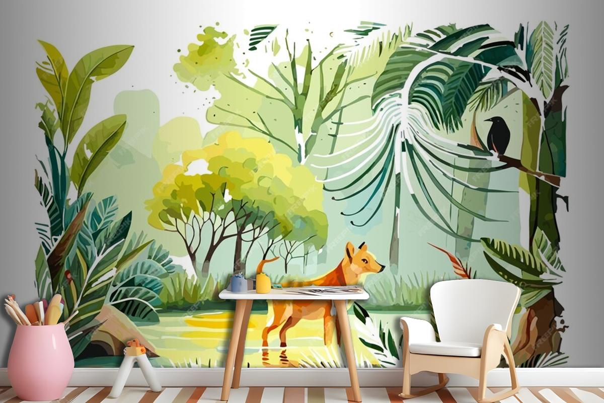 Watercolor Painting Of A Dog And A Bird In A Jungle Wallpaper Mural