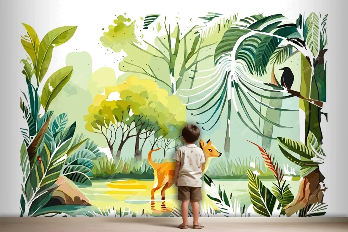 Watercolor Painting Of A Dog And A Bird In A Jungle Wallpaper Mural