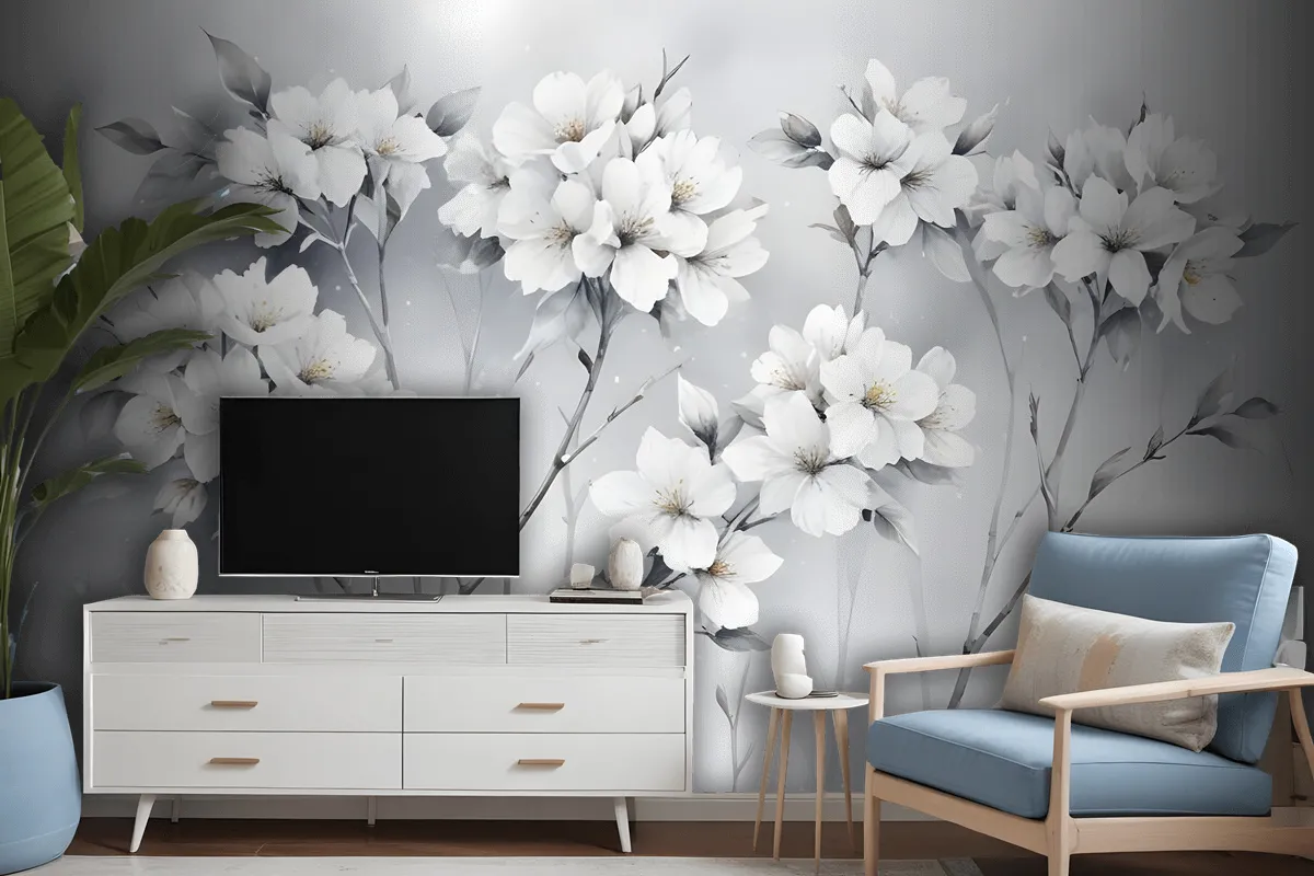 Watercolor Painting White Flowers Wallpaper Mural