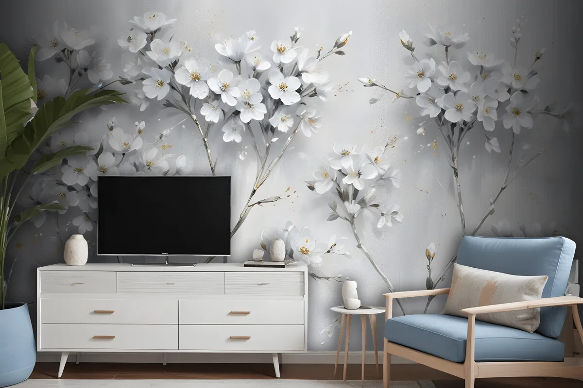 Watercolor Painting White Flowers Wallpaper Mural