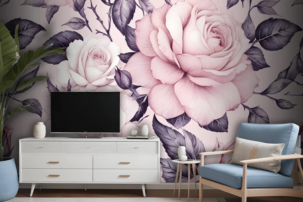 Watercolor Pink Floral Pattern Wallpaper Mural