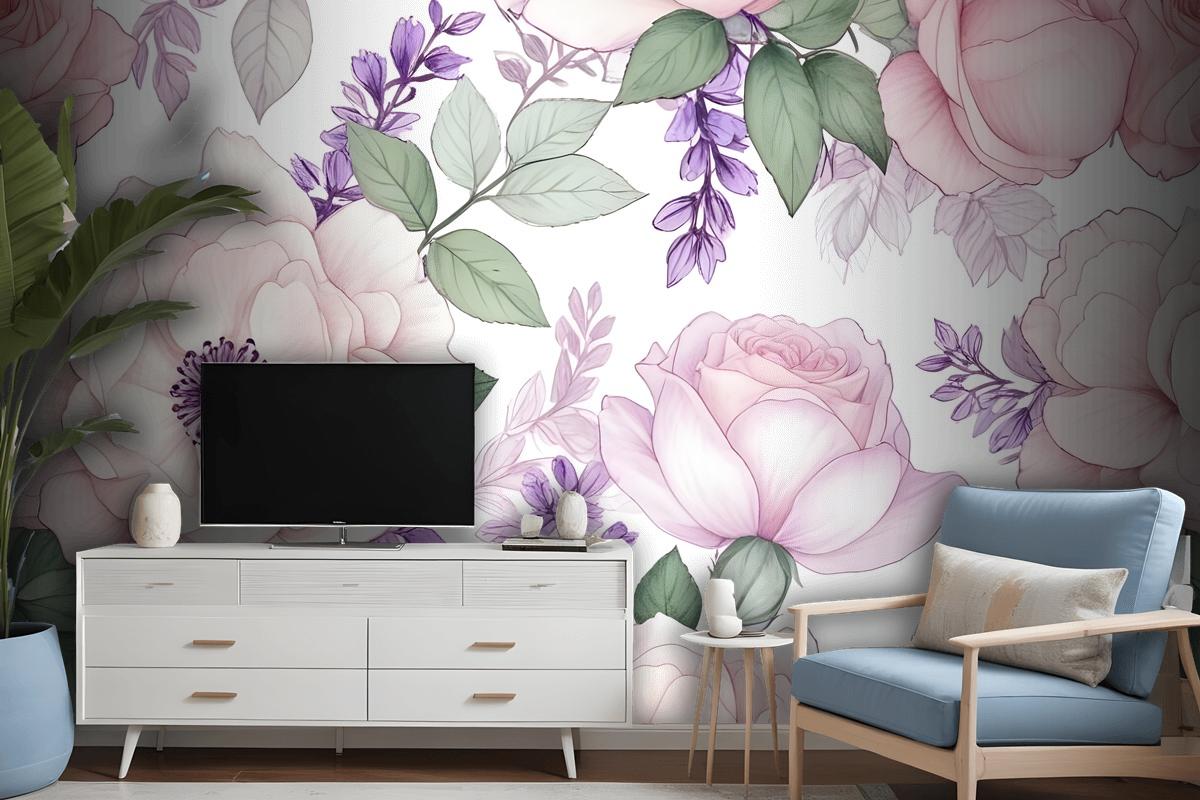 Watercolor Pink Floral Pattern With Wisteria Wallpaper Mural