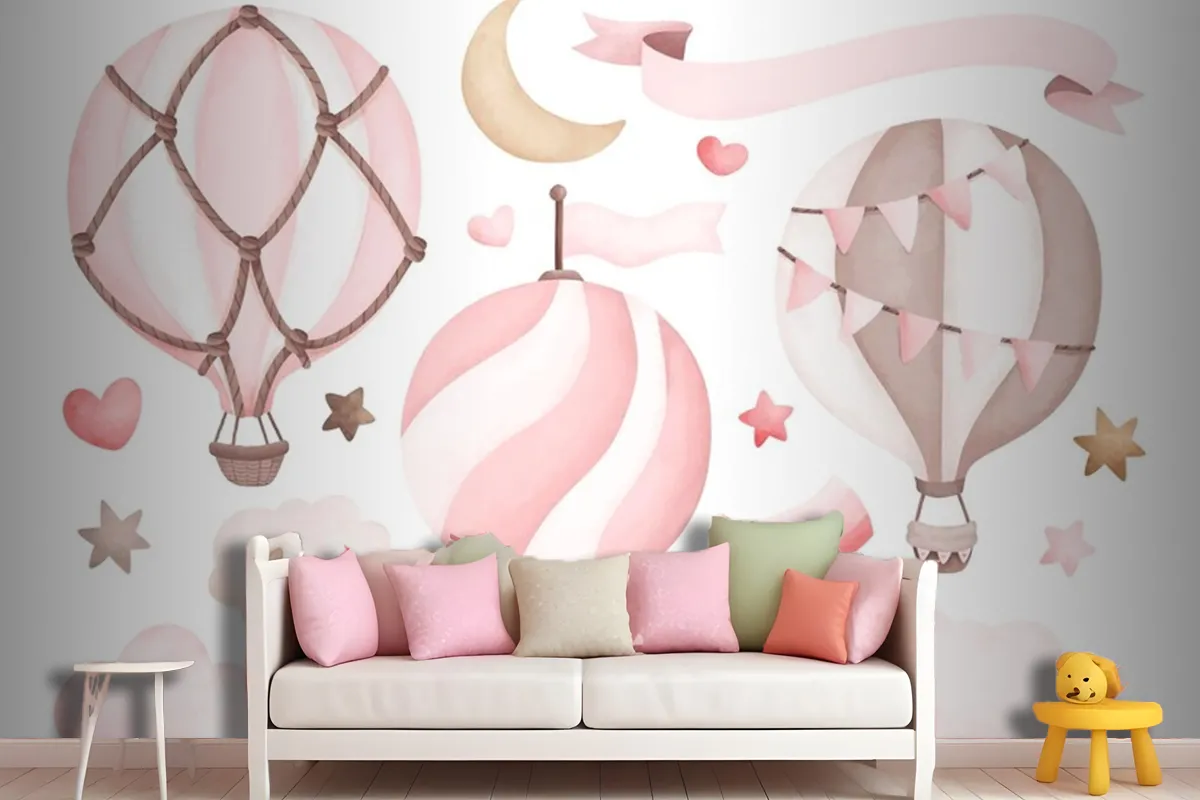 Watercolor Pink Hot Air Balloon Wallpaper Mural