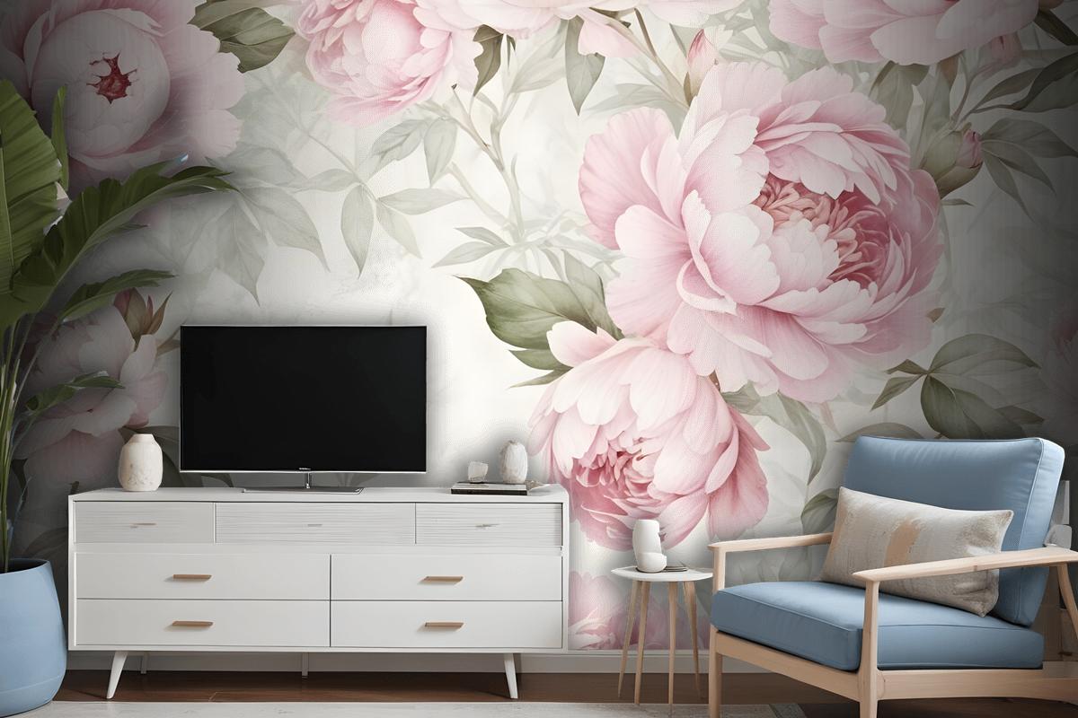 Watercolor Pink Peony Floral Blossom Wallpaper Mural