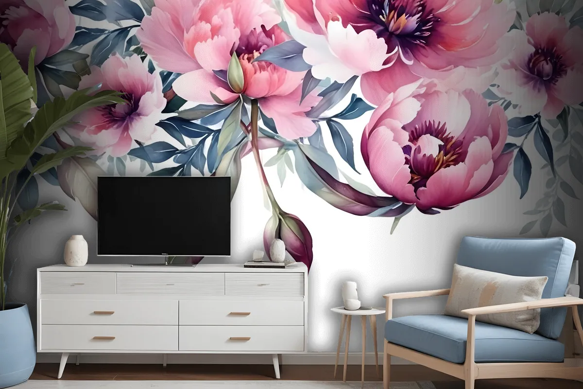 Watercolor Pink Peony Flower Wallpaper Mural