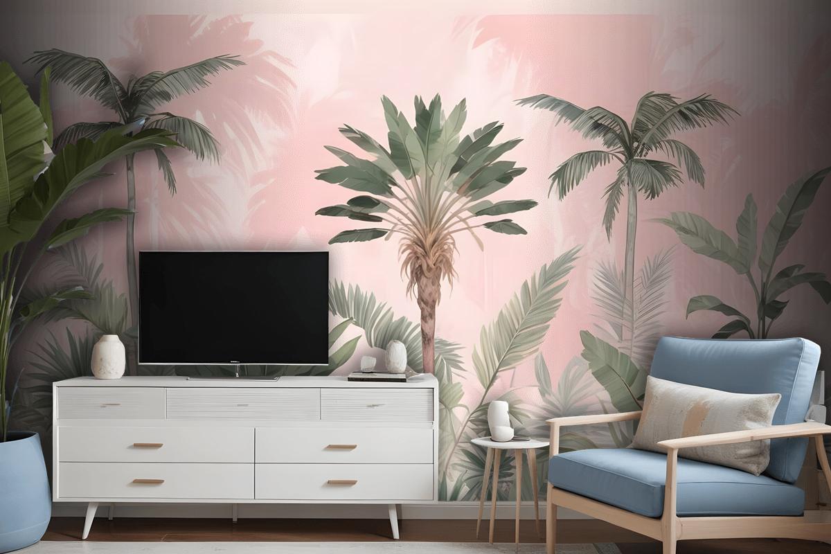 Watercolor Pink Tropical Chinoiserie Wallpaper Mural