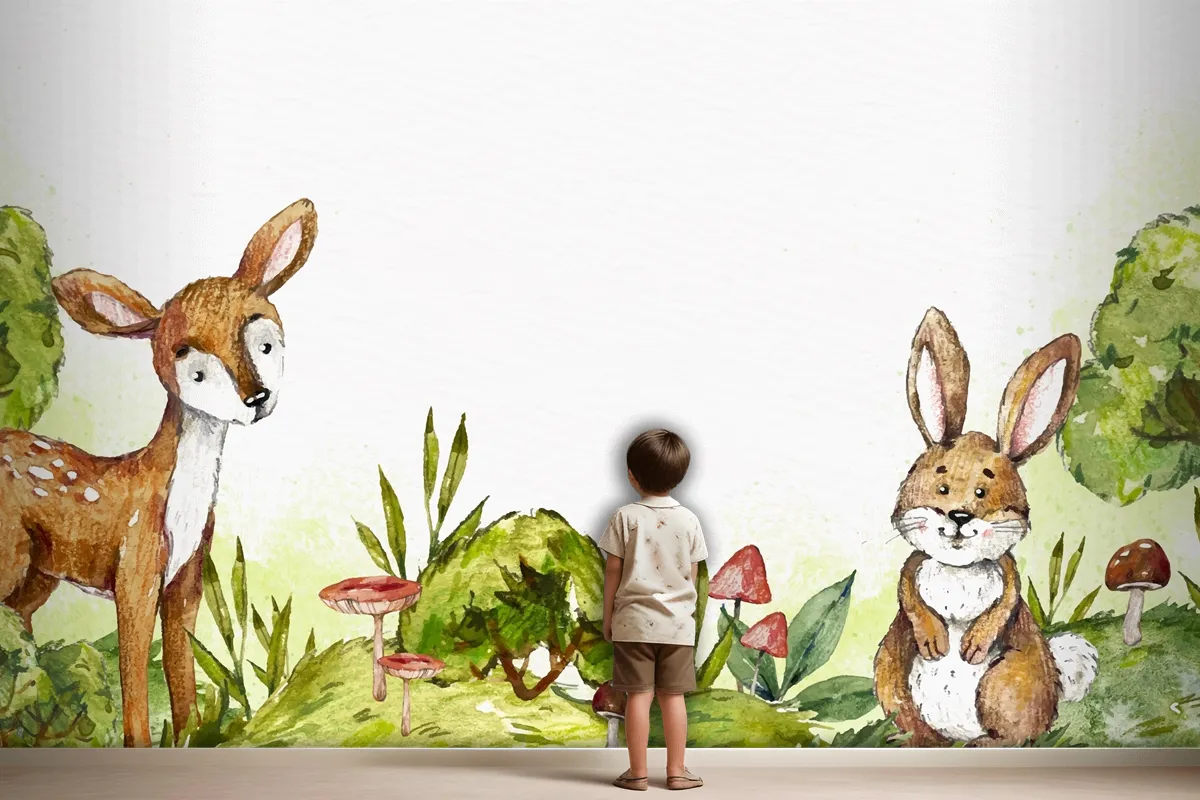 Watercolor Rabbit And Deer In Forest Wallpaper Mural