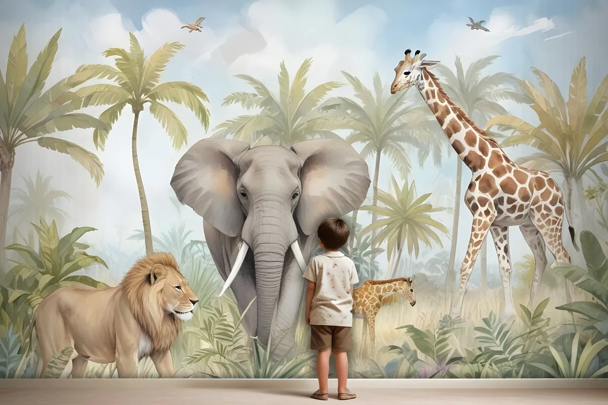 Watercolor Safari Animals In Forest Wallpaper Mural