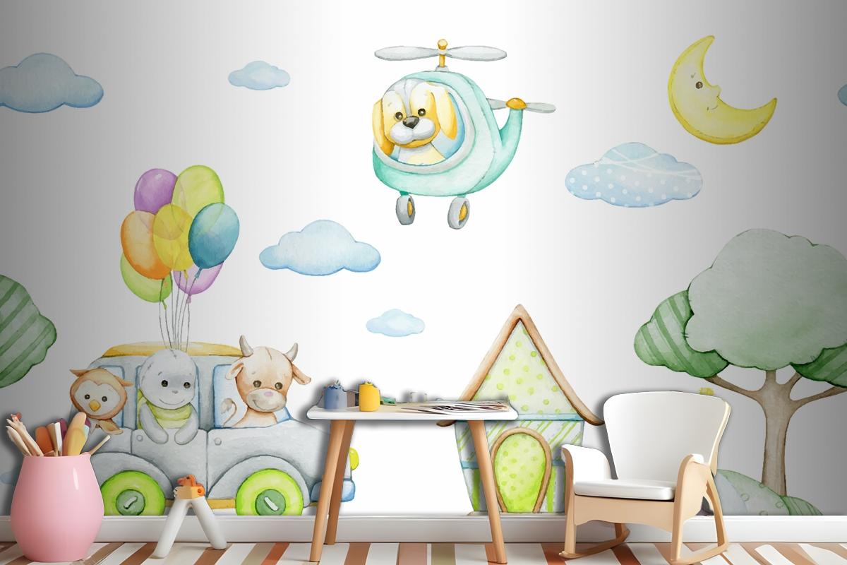 Watercolor Seamless Pattern In Cartoon Style Tropical Animals Car Helicopter Moon Wallpaper Mural