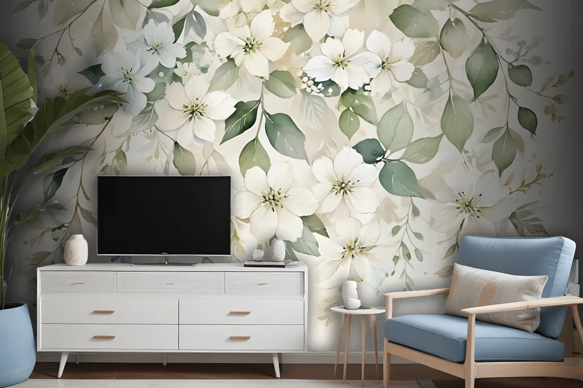 Watercolor Soft Floral With Green Leaves Wall Mural