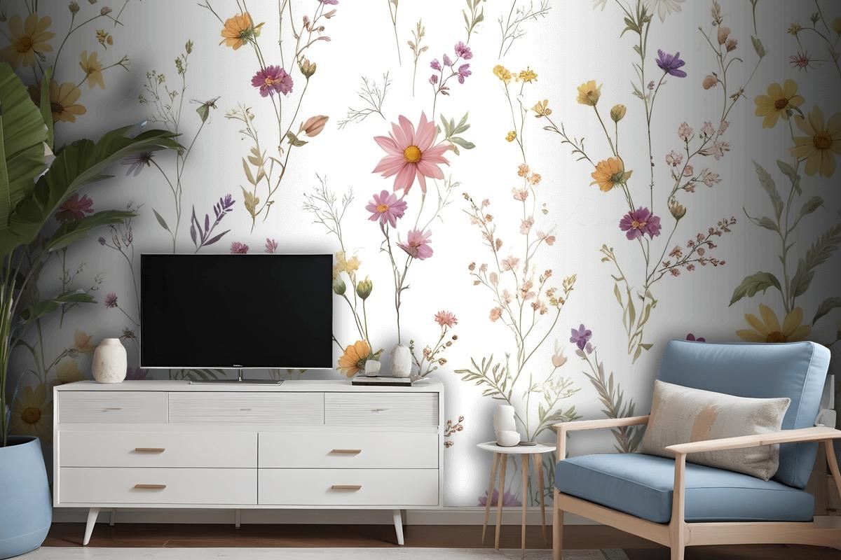 Watercolor Soft Wild Flowers Wallpaper Mural