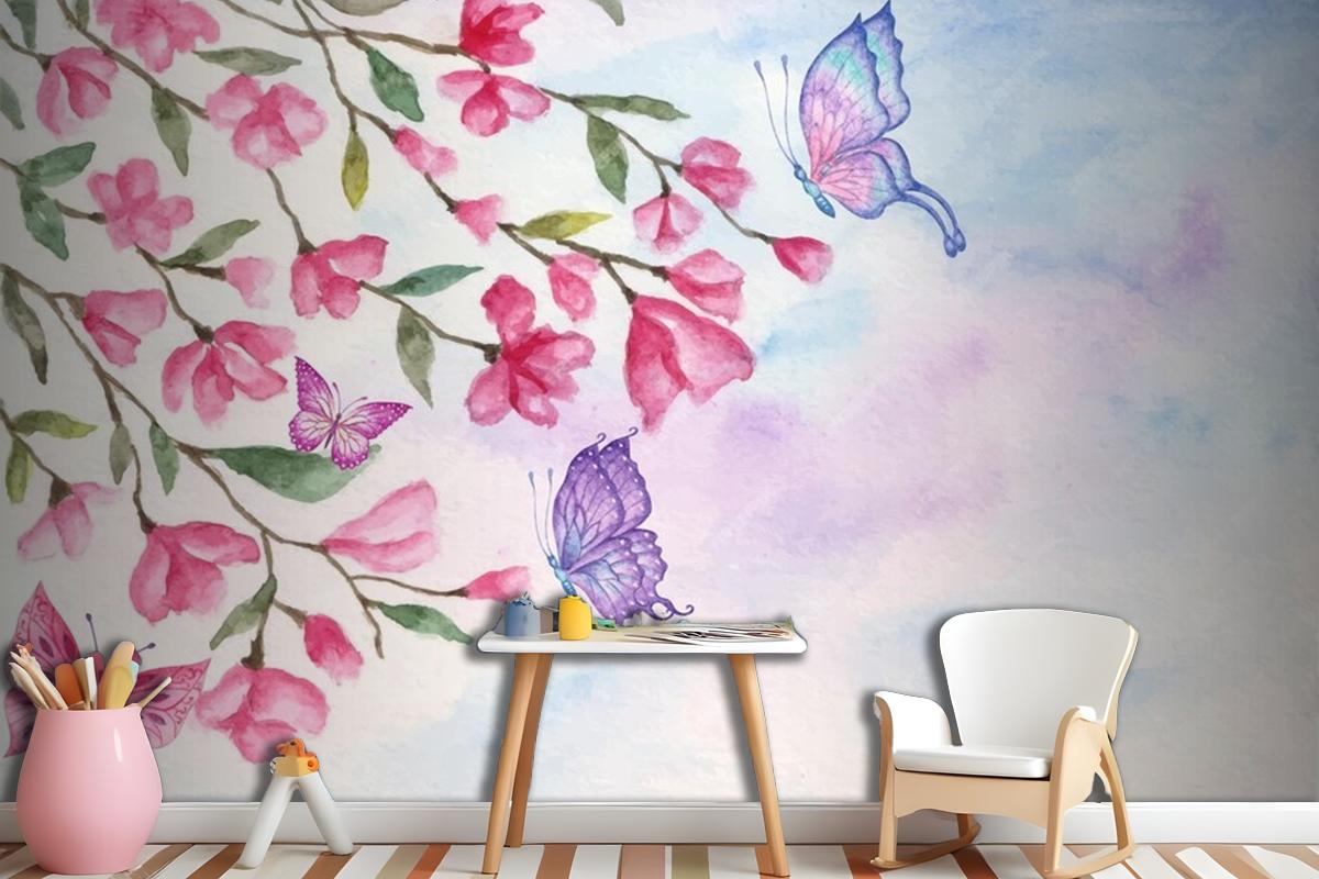 Watercolor Spring Landscape Background With Lovely Butterflies Wallpaper Mural