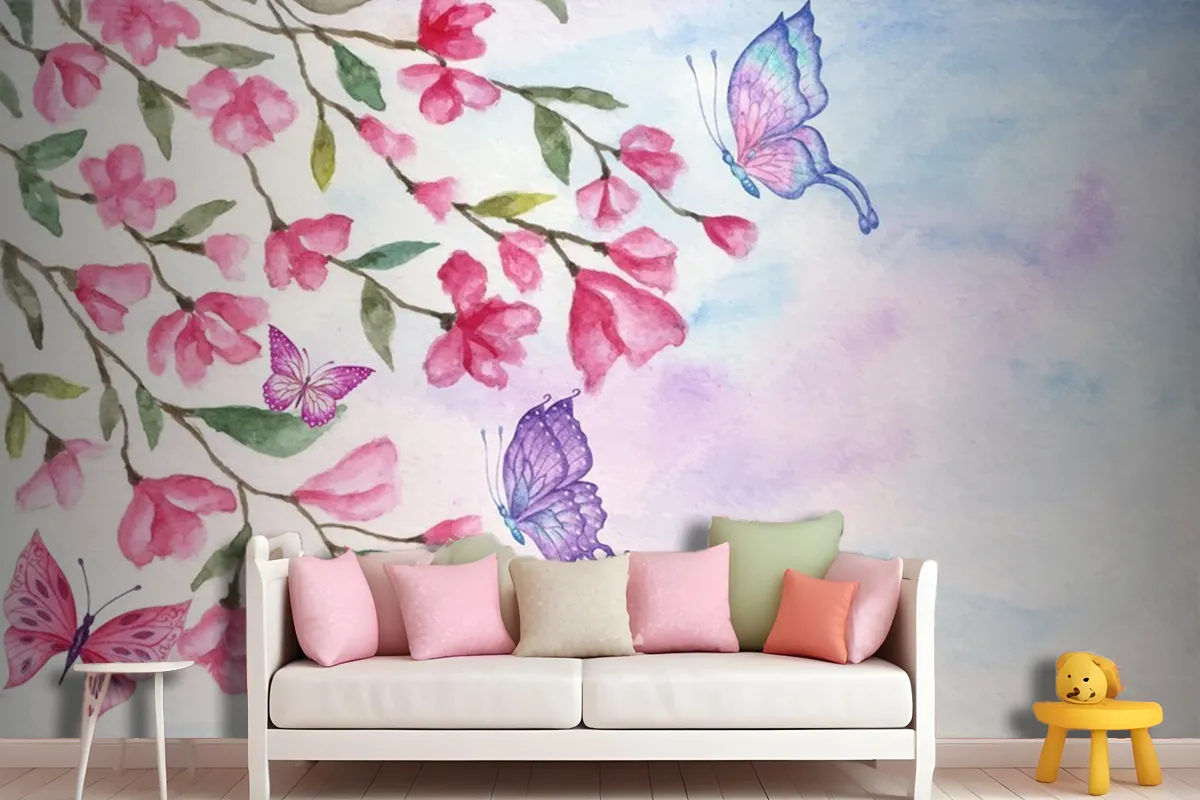 Watercolor Spring Landscape Background With Lovely Butterflies Wallpaper Mural