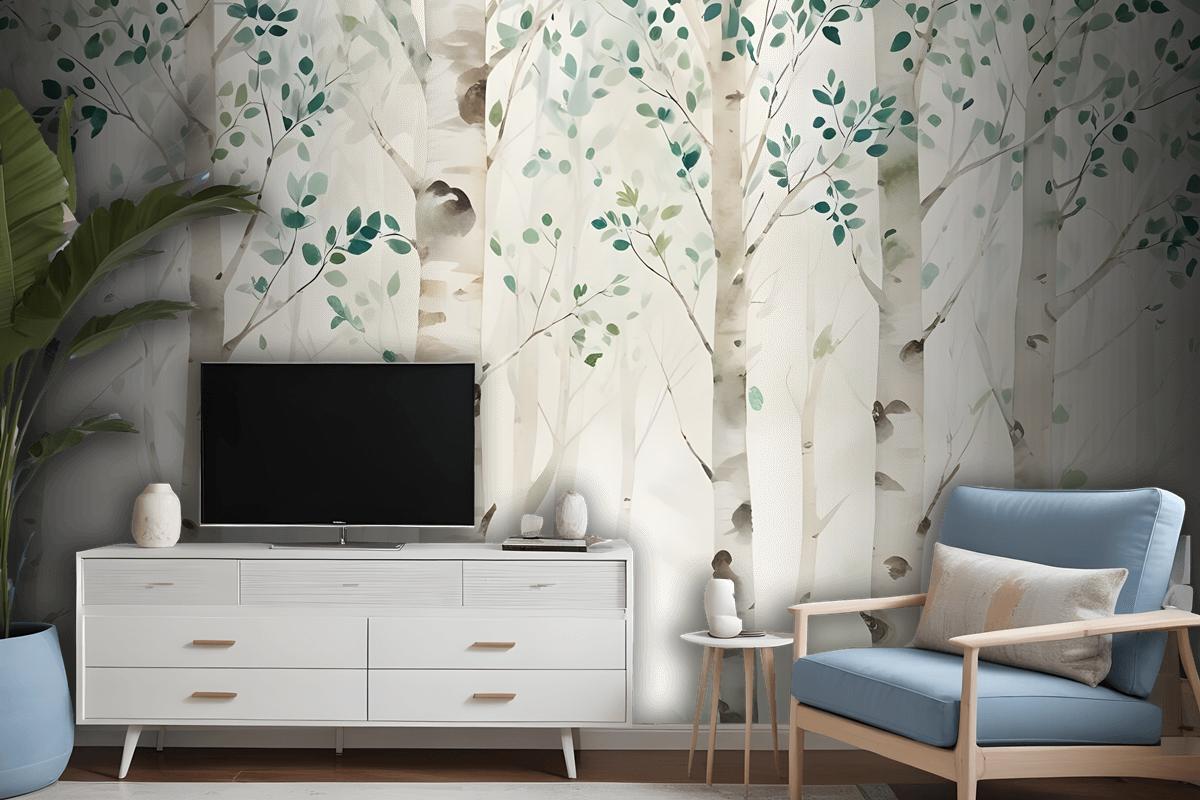 Watercolor Style Forest With Green Brown Little Leaves Wallpaper Mural