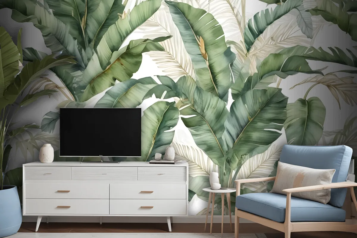 Watercolor Tropical Banana Leaf With Faux Gold Details Wallpaper Mural