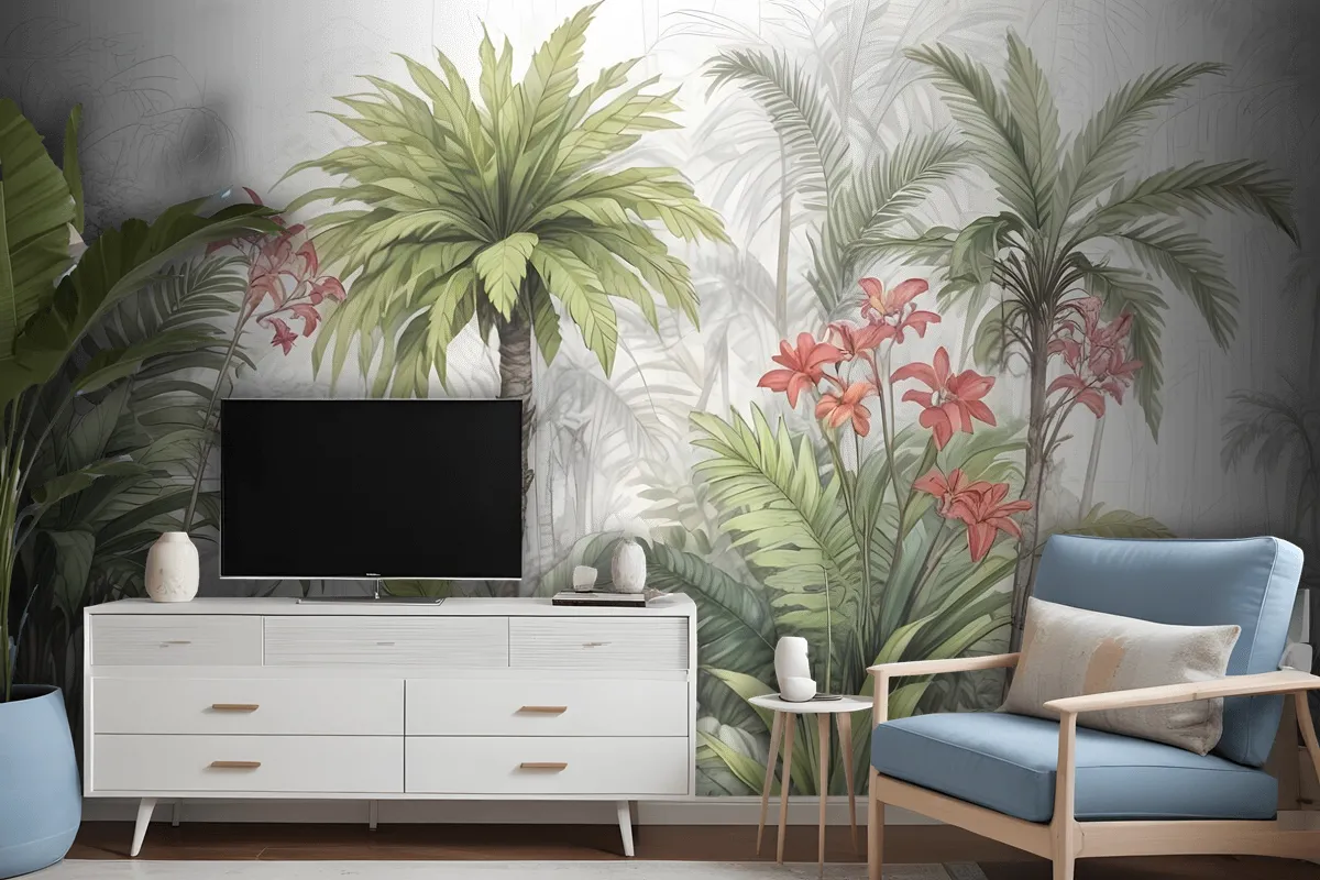 Watercolor Tropical Leaf And Flowers Wallpaper Mural