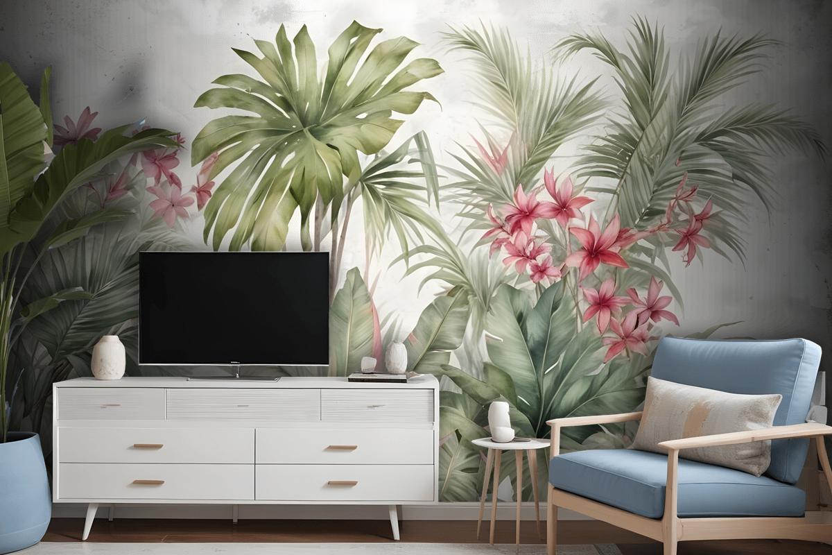 Watercolor Tropical Leaf And Flowers Wallpaper Mural