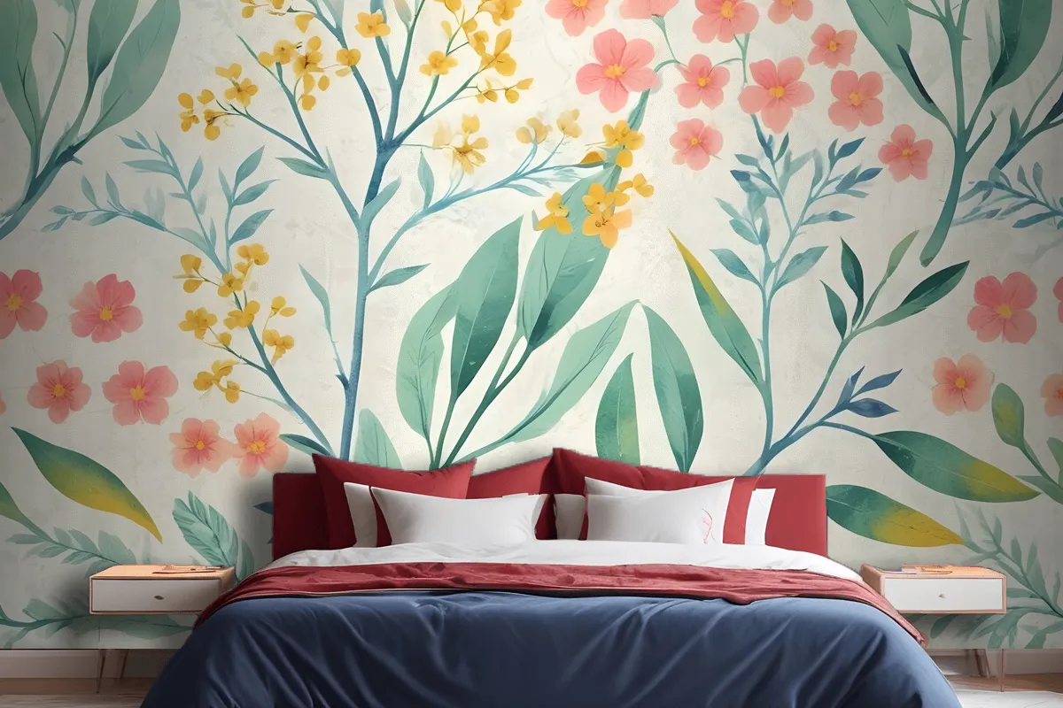 Watercolor Vintage Florals With Botanical Leaves Wallpaper Mural