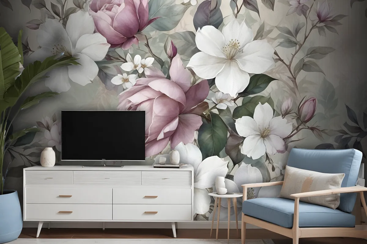 Watercolor Vintage Flower Wallpaper Mural