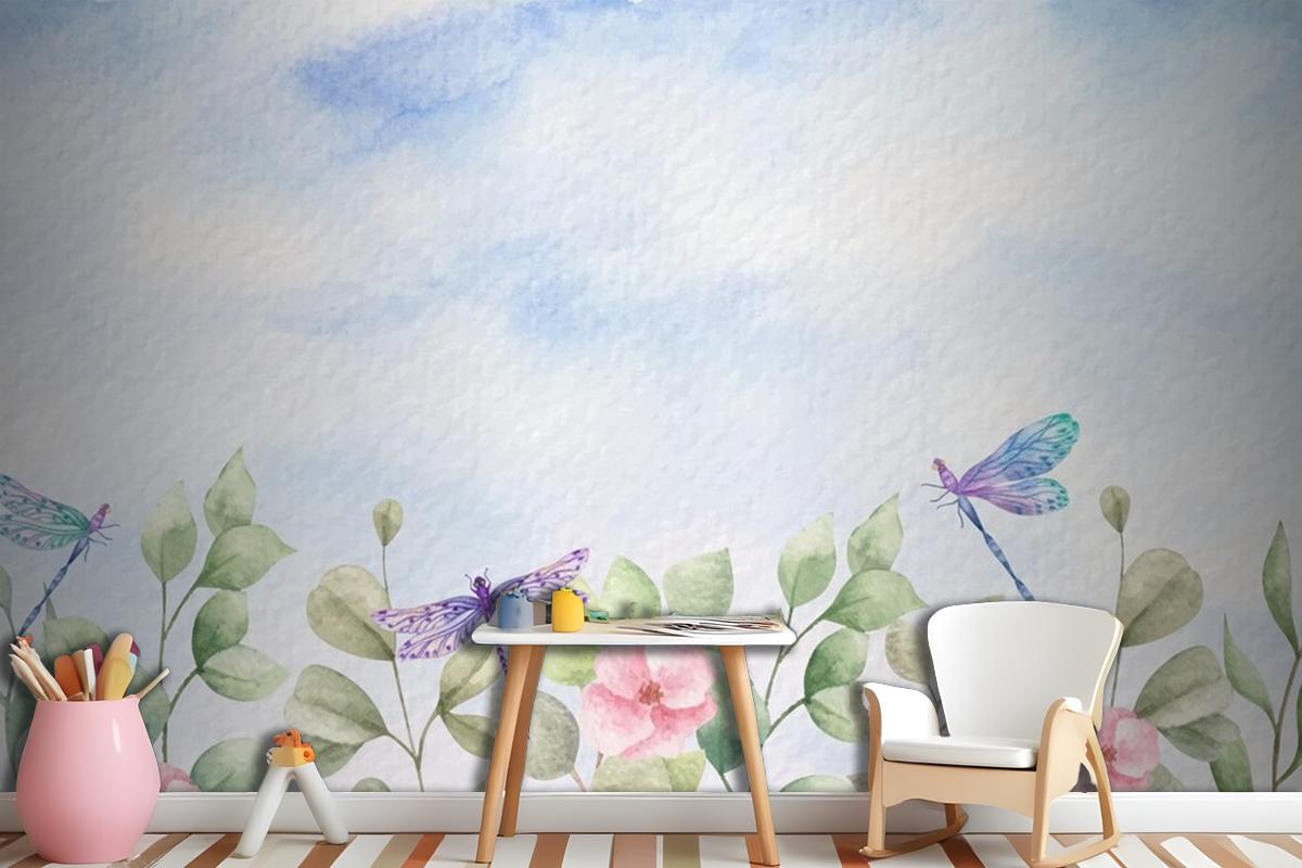 Watercolor Wild Leaves Landscape Background With Dragonflies Wallpaper Mural