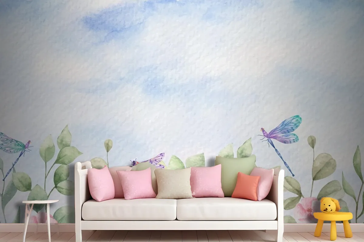 Watercolor Wild Leaves Landscape Background With Dragonflies Wallpaper Mural