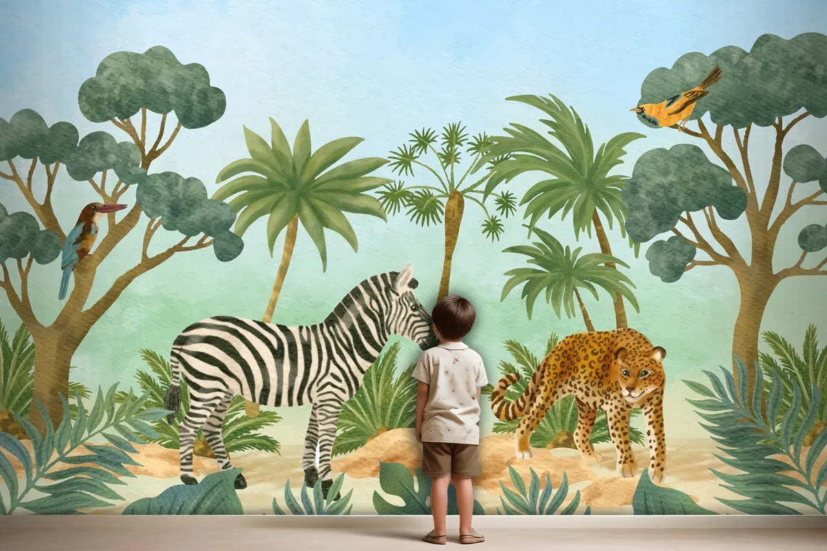 Watercolor Wildlife Background Kids Boy Wallpaper Mural