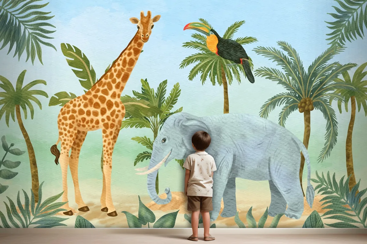 Watercolor Wildlife Background Kids Boys Wallpaper Mural