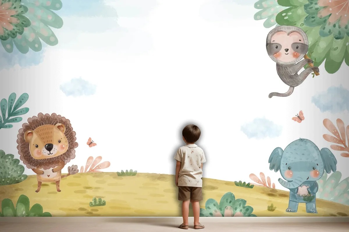 Watercolor Wildlife Background Kids Wallpaper Mural